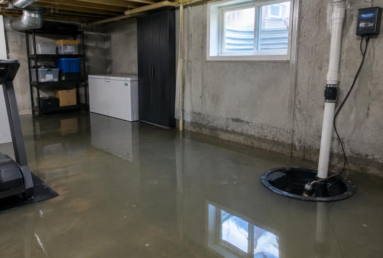 Flooded basement floor with sump pit during a water damage emergency