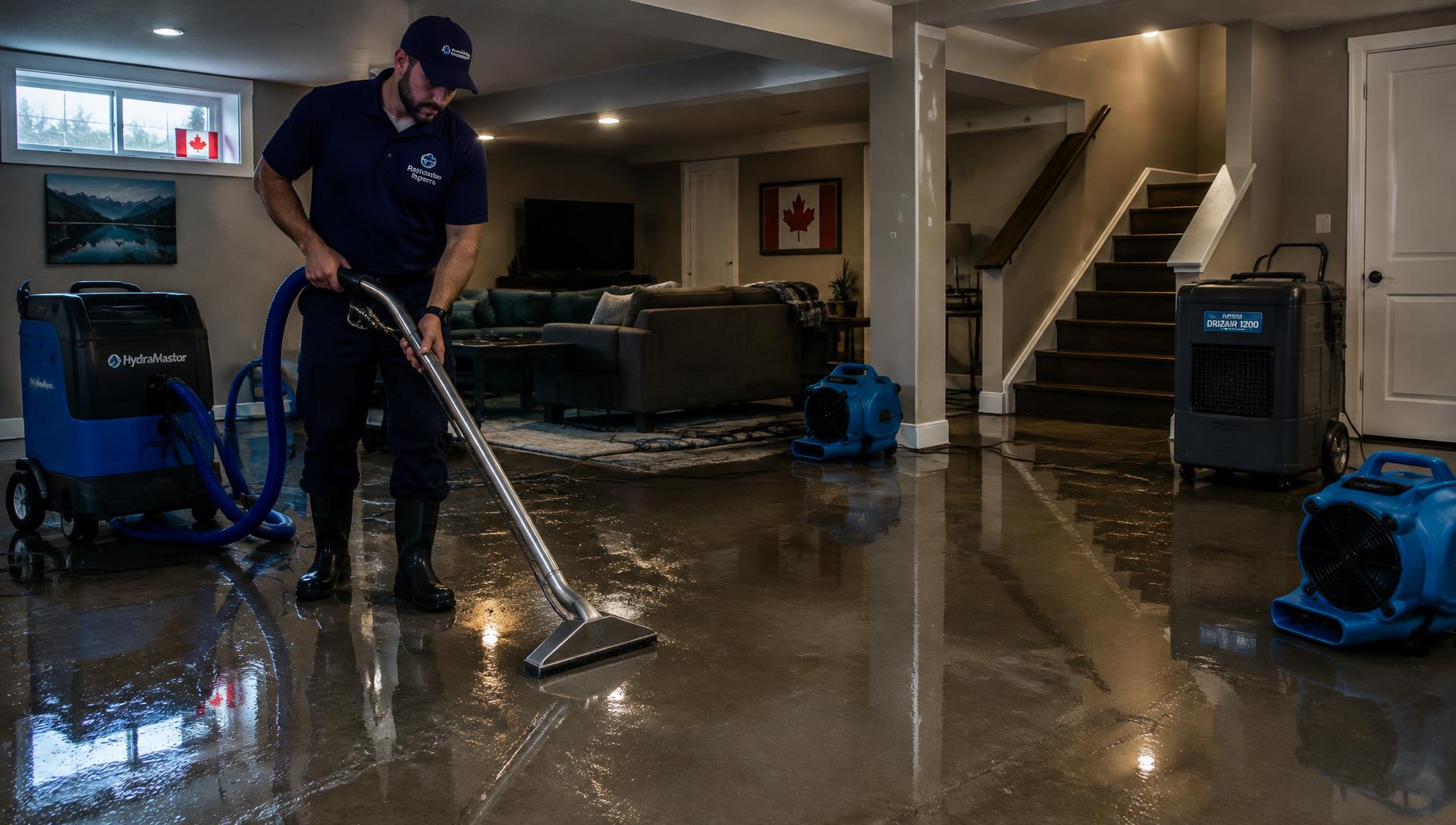 Technician extracting water from a flooded finished basement in Markham