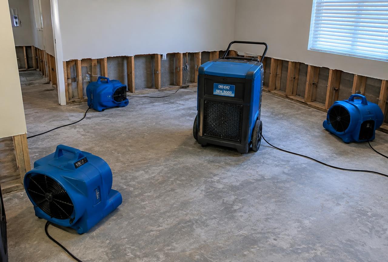 Air movers and a dehumidifier drying a room with opened lower drywall